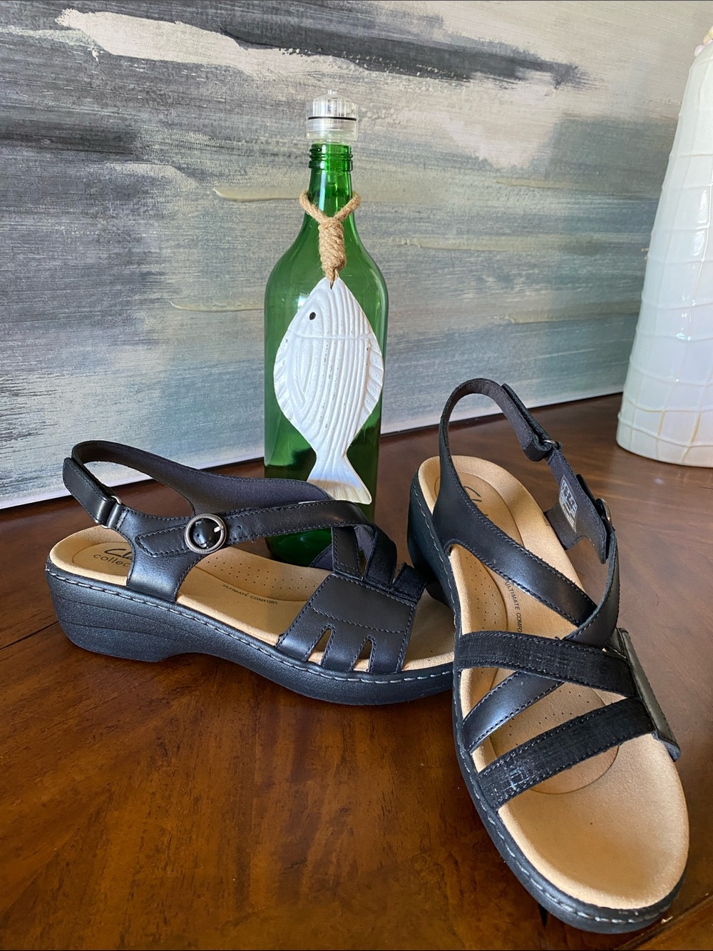 Clarks Women's Black Strappy Sandals, Size  10 Wide